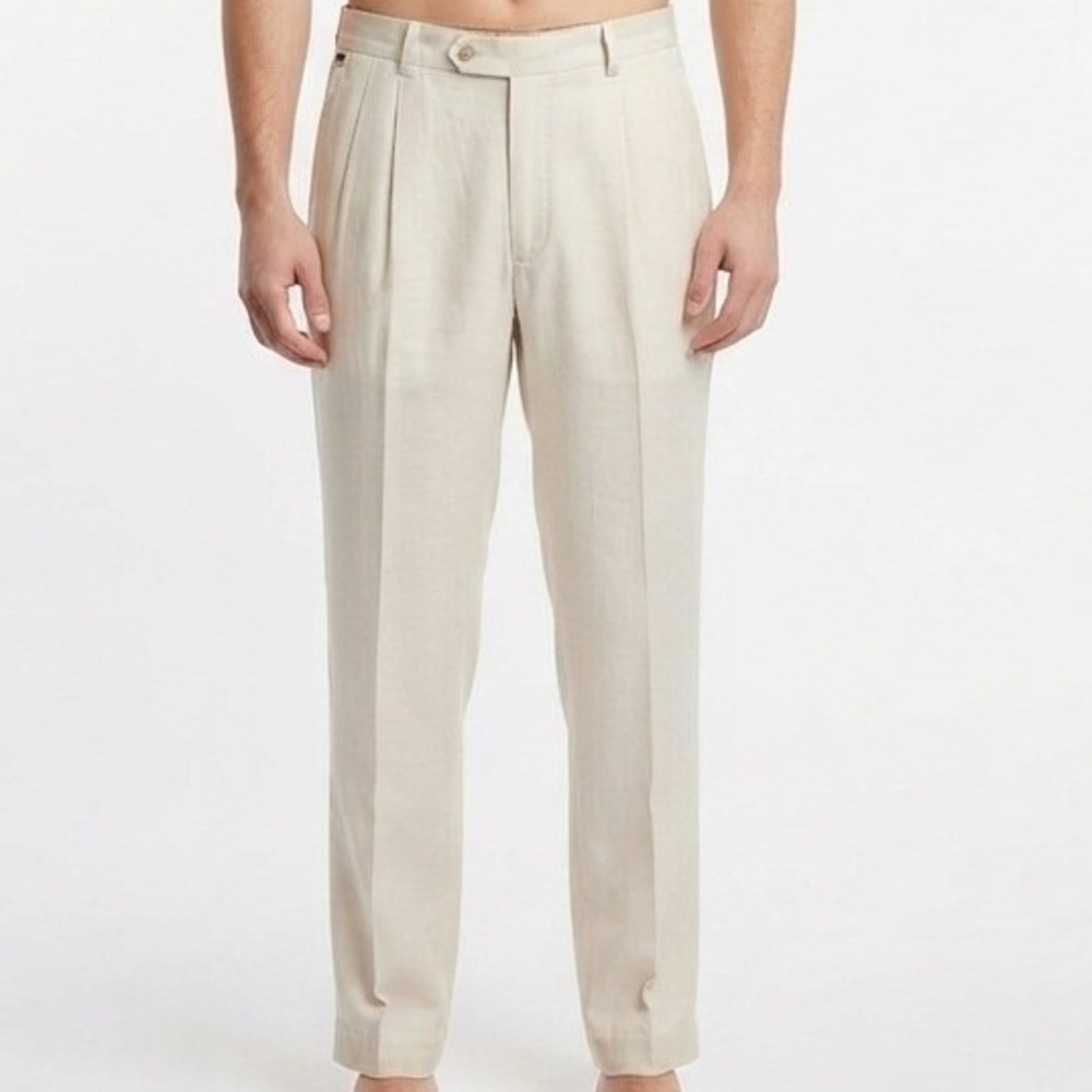 Tommy Bahama Pleated Pants Mens 38 Beige Silk Cotton Herringbone  Dress Trousers